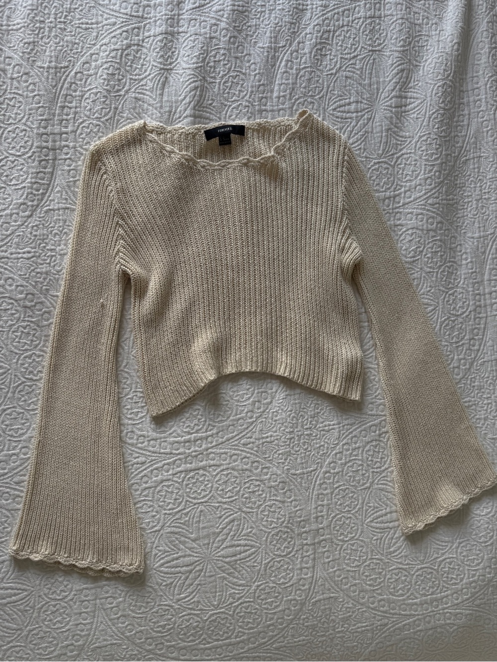 Forever 21 Cream Knit Cropped Sweater with Bell Sleeves